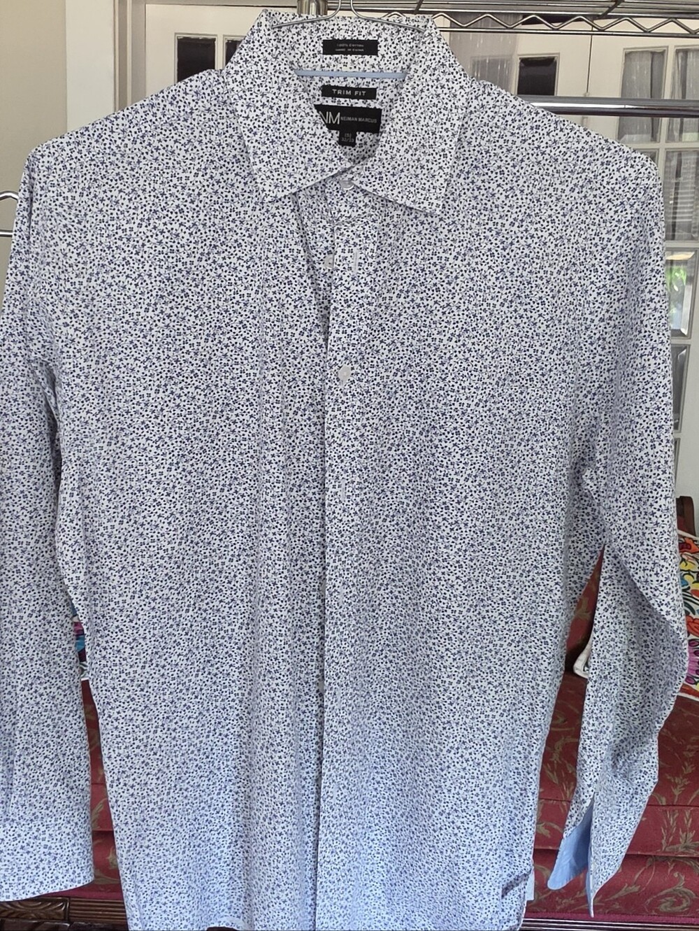 Neiman Marcus White Shirt with Navy Micro Pattern